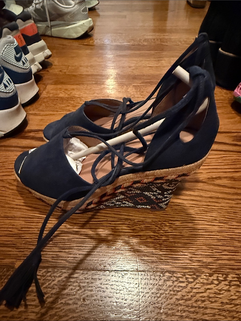 CAbi Navy Lace-Up Espadrille Wedge Sandals with Patterned Wedge